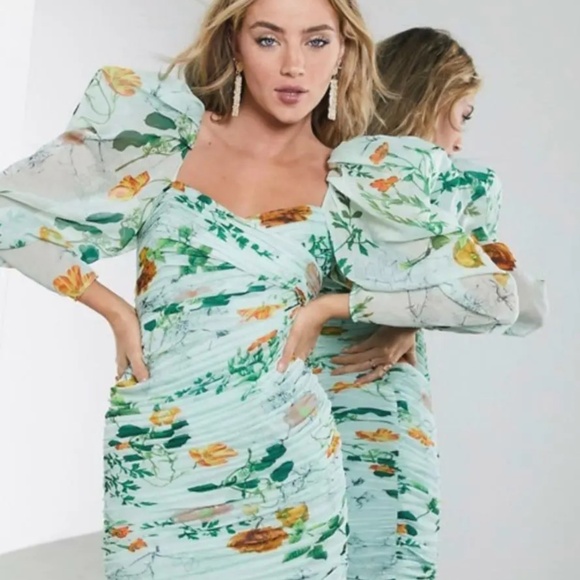 ASOS Edition Ruched Mini Dress With Puff Sleeves Size 0 - Picture 4 of 9